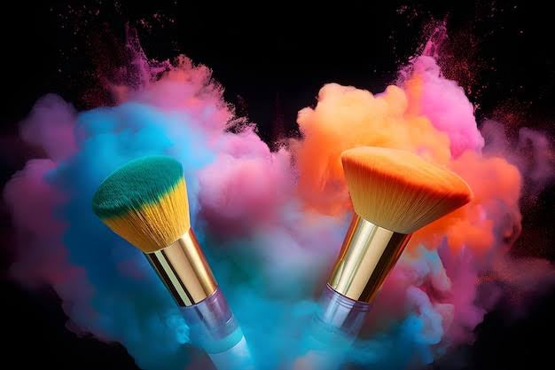 Makeup brushes with powder smash in the background 