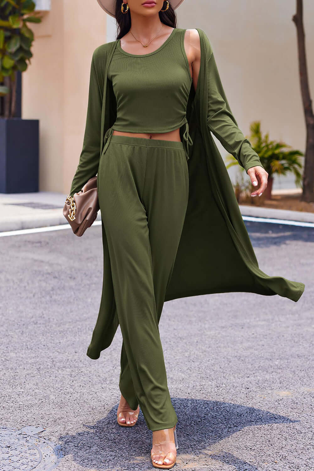 Drawstring Tank, Long Sleeve Cover Up and Pants Set Matching Sets Luxurious Weddings