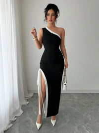 Slit Contrast Trim One-Shoulder Dress Maxi dress Luxurious Weddings