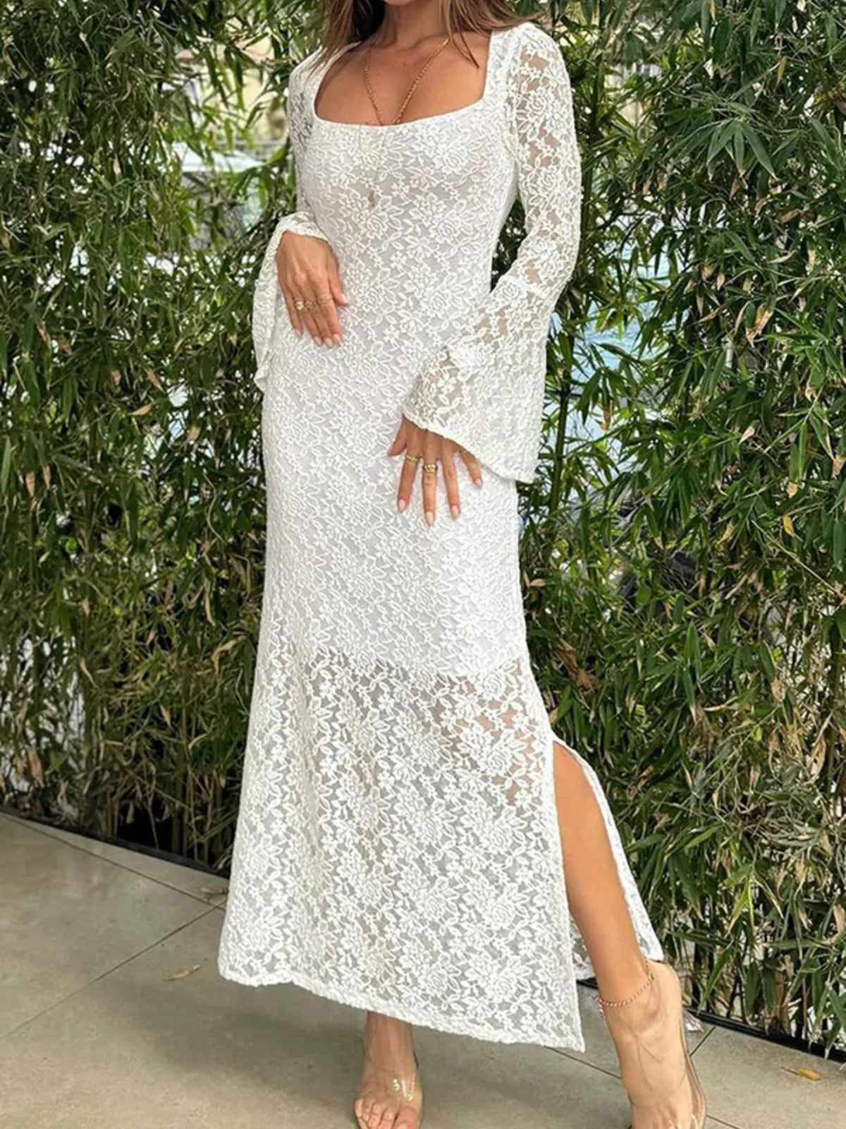 Lace Bell Sleeve Square Neck Bodycon Dress Bodycon Dress Luxurious Weddings