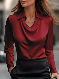 Ruched Long Sleeve Drape Collar Blouse in red silk, featuring a cowl neckline and collared design, perfect for stylish outings.