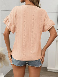 Eyelet Round Neck Flounce Sleeve Top Blouses Luxurious Weddings