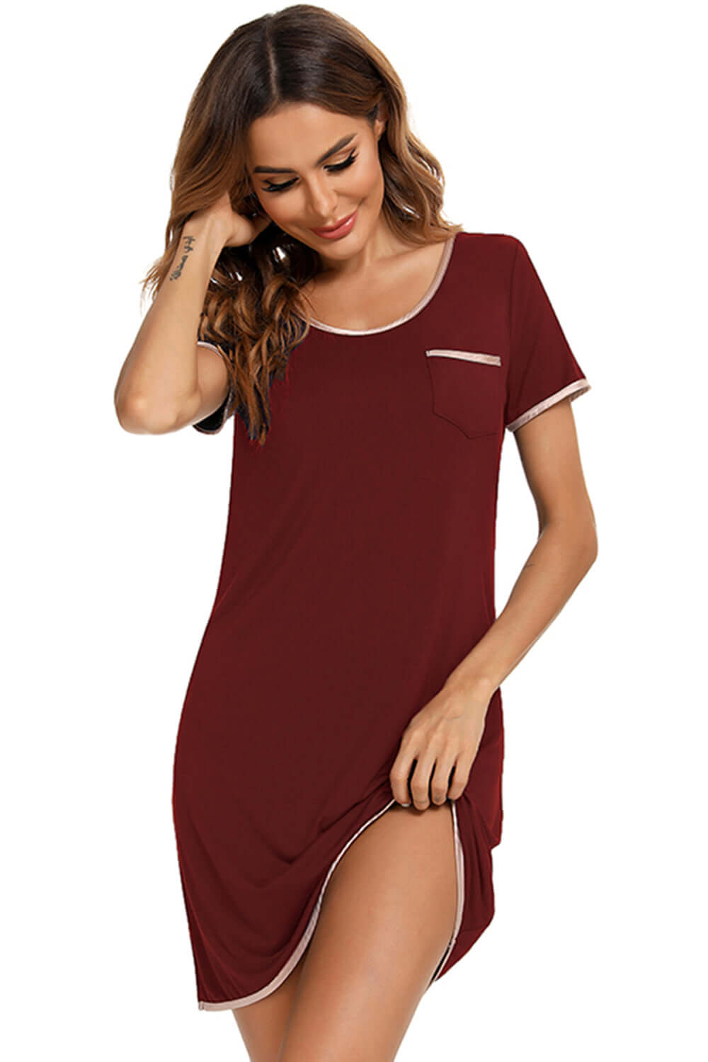 Contrast Trim Pocketed Round Neck Lounge Dress sleepwear Luxurious Weddings