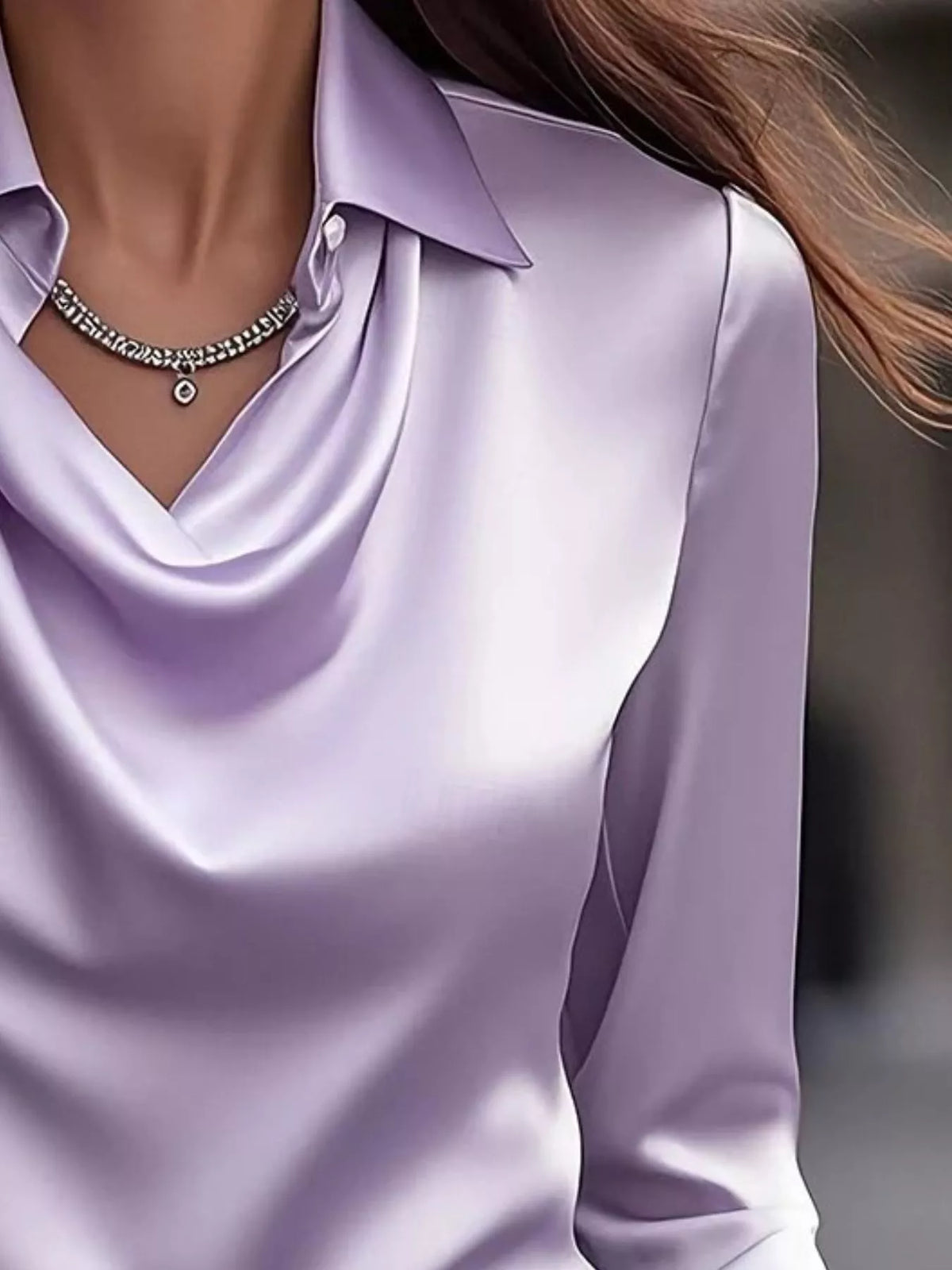 Ruched Long Sleeve Drape Collar Blouse in soft purple satin with draped neckline and elegant necklace.