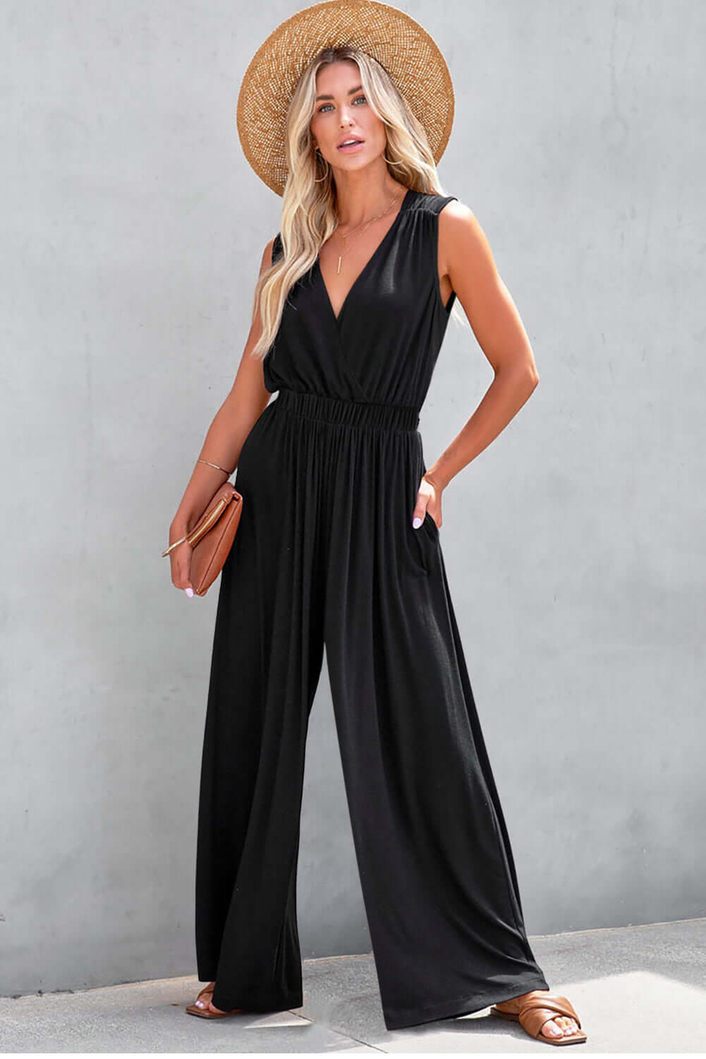 Black Deep V Pleated Crisscross Wide Leg Backless Jumpsuit Bottoms/Jumpsuits & Rompers Luxurious Weddings