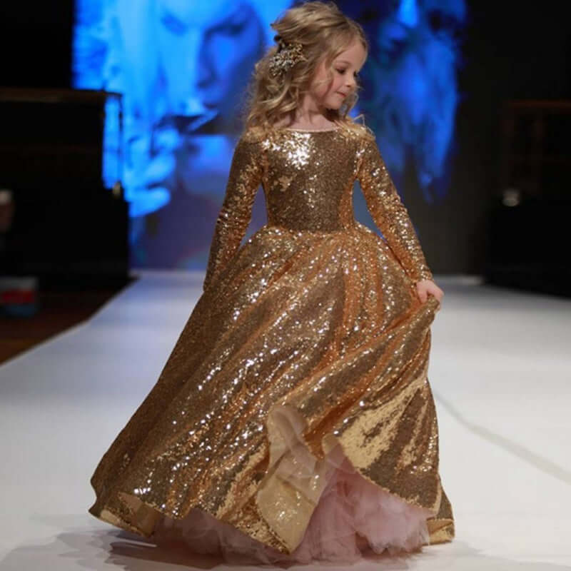 Girls' Little Princess Dress With Gold Sequins And Fluffy Yarn girls dress Luxurious Weddings