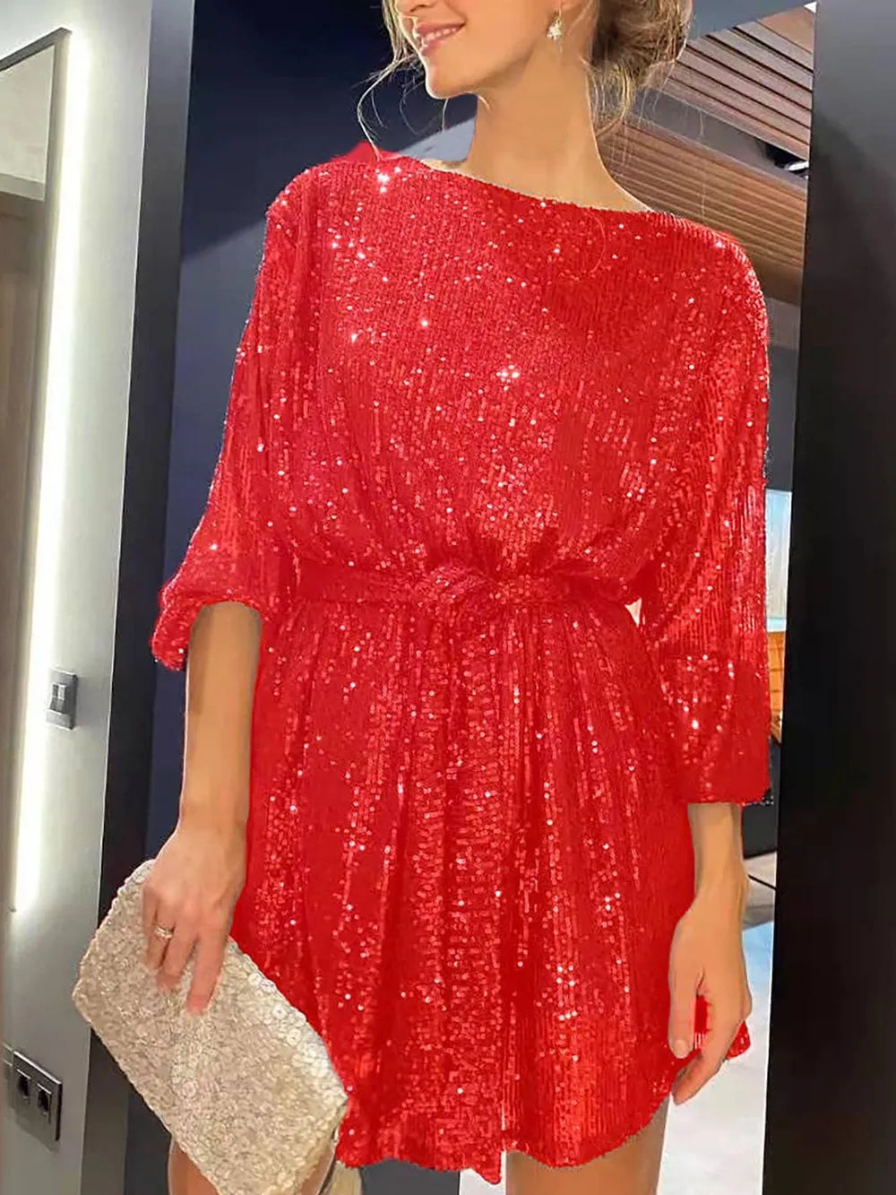 Sequin Tie Waist Long Sleeve Mini Dress Mini dress Luxurious Weddings