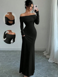 Off-shoulder long sleeve black bodycon maxi dress, featuring a backless design and sleek fit, ideal for luxurious weddings.