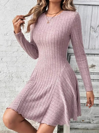 Ribbed Round Neck Long Sleeve Mini Dress Mini Dress Luxurious Weddings
