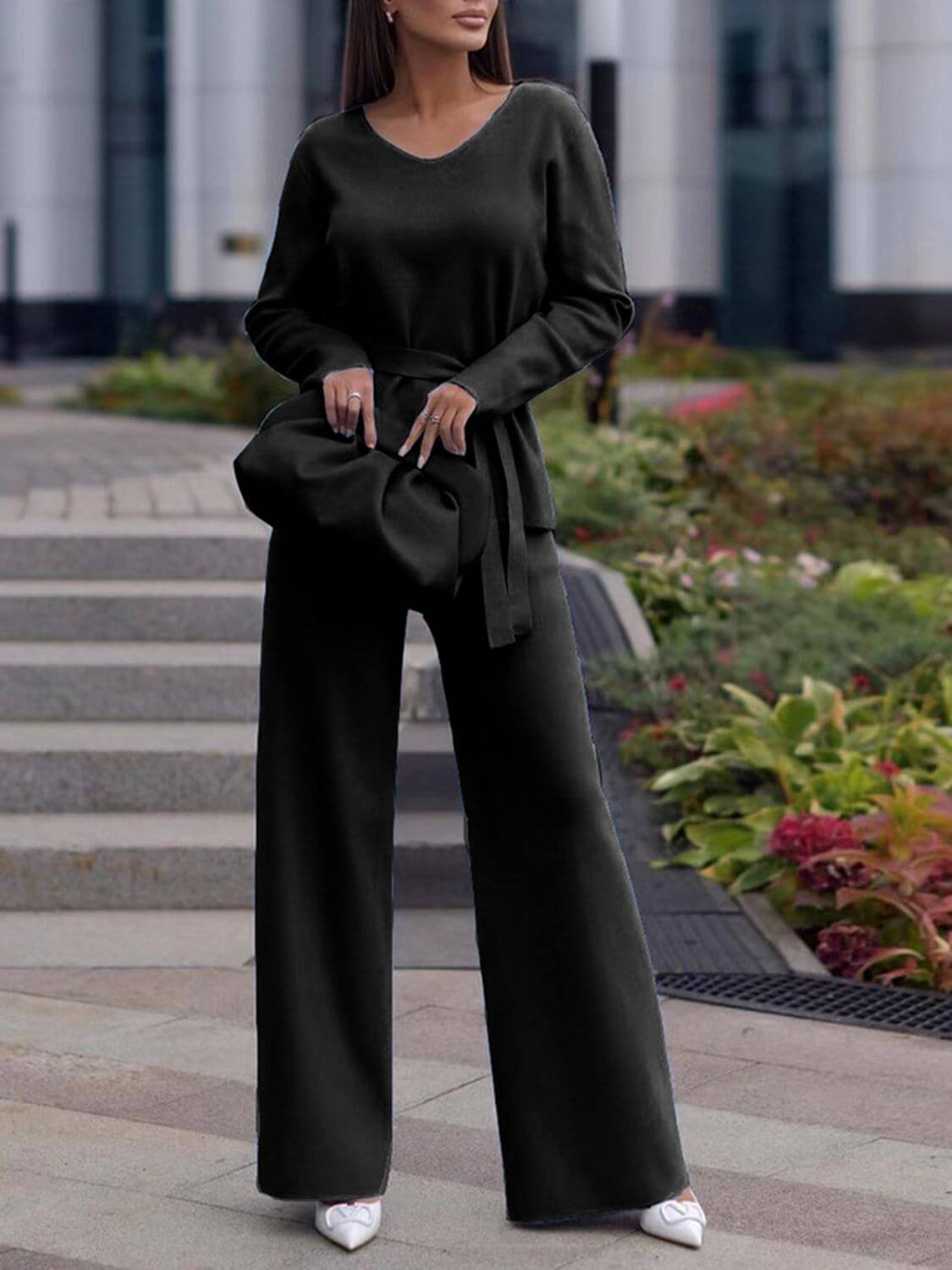 V-Neck Long Sleeve Top and Drawstring Pants Sweater Set Matching Sets Luxurious Weddings