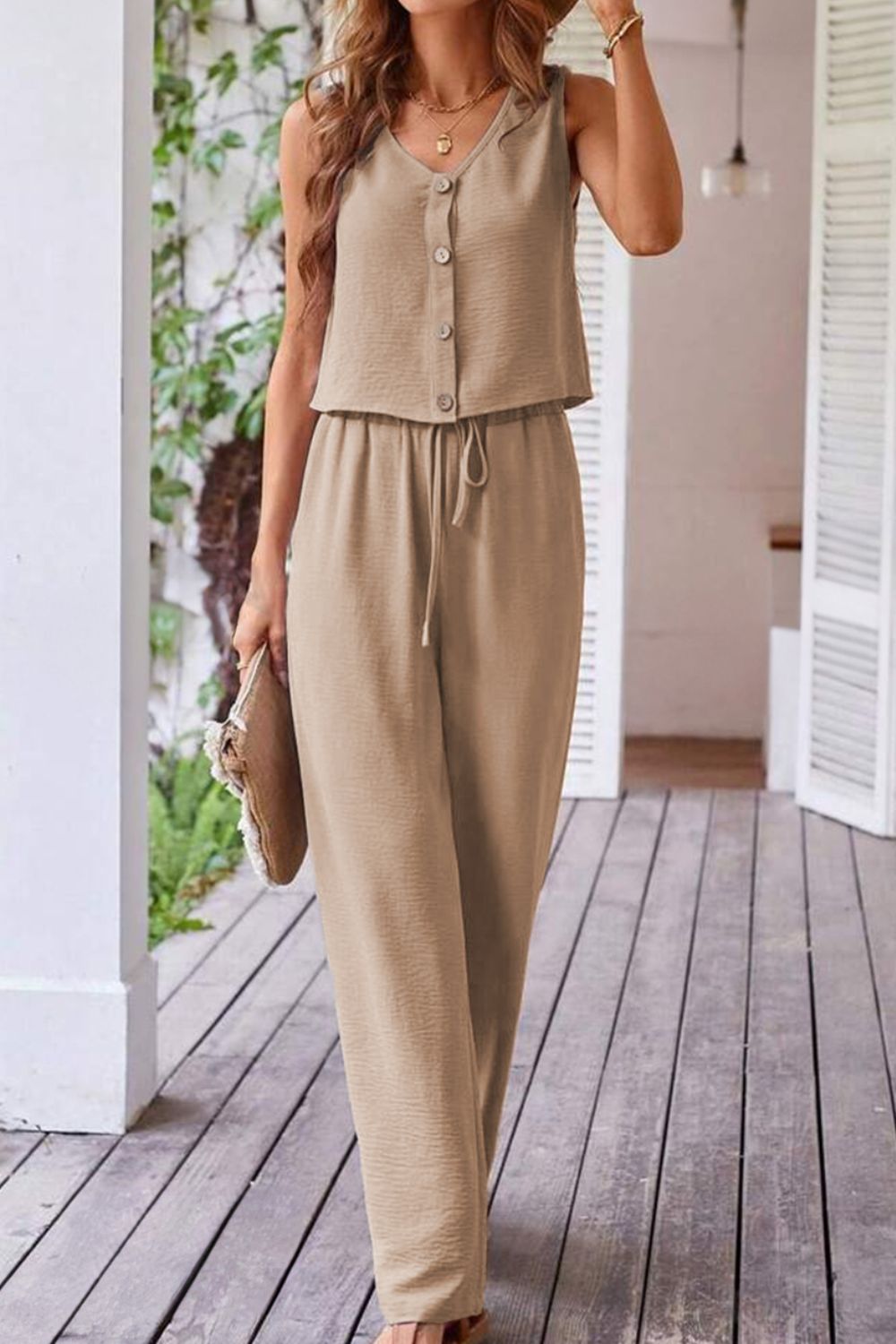 Button Down Vest and Drawstring Wide Leg Pants Set Matching Sets Luxurious Weddings