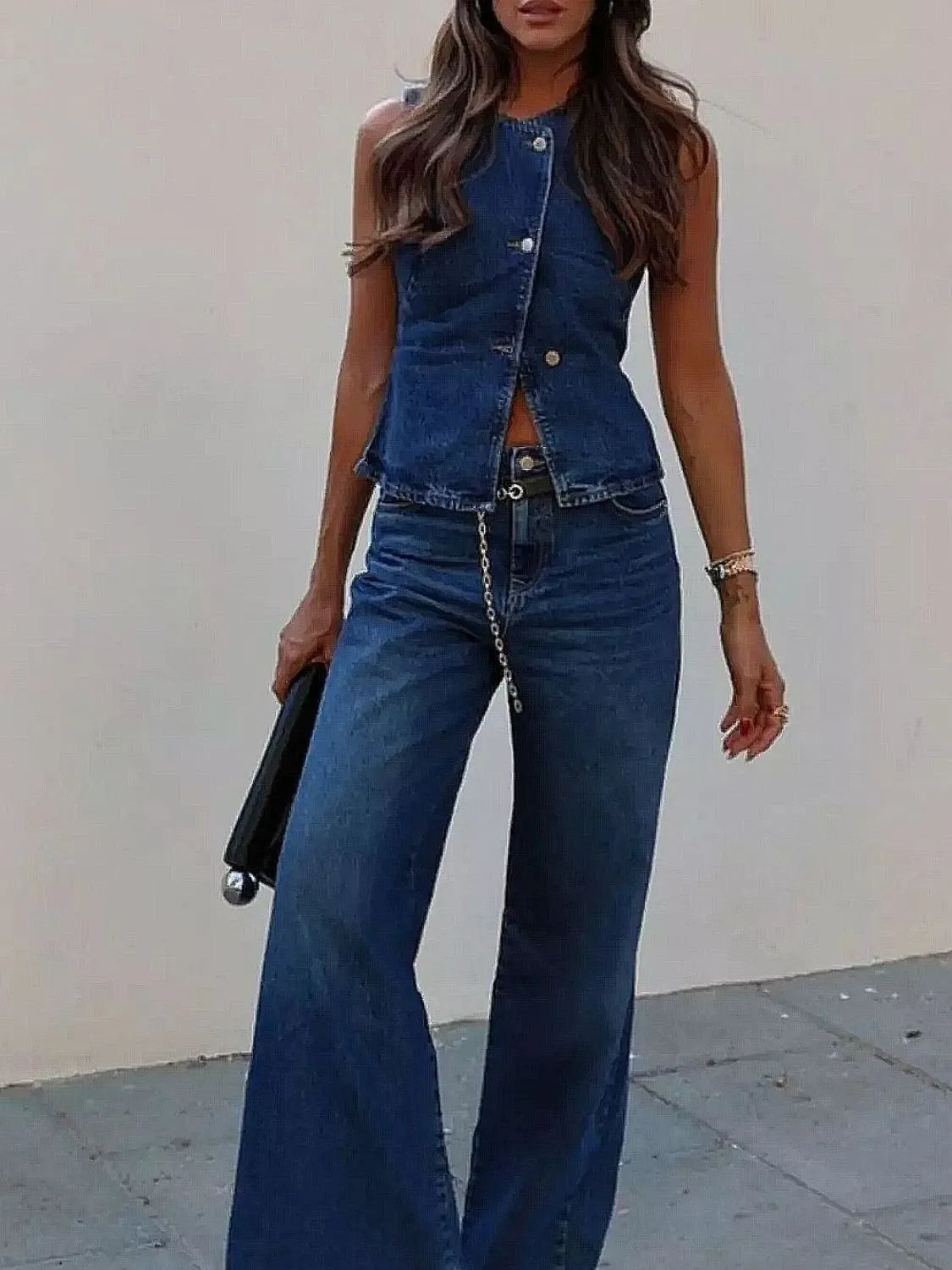 Button Down Vest and Flare Jeans Denim Set Jeans Luxurious Weddings