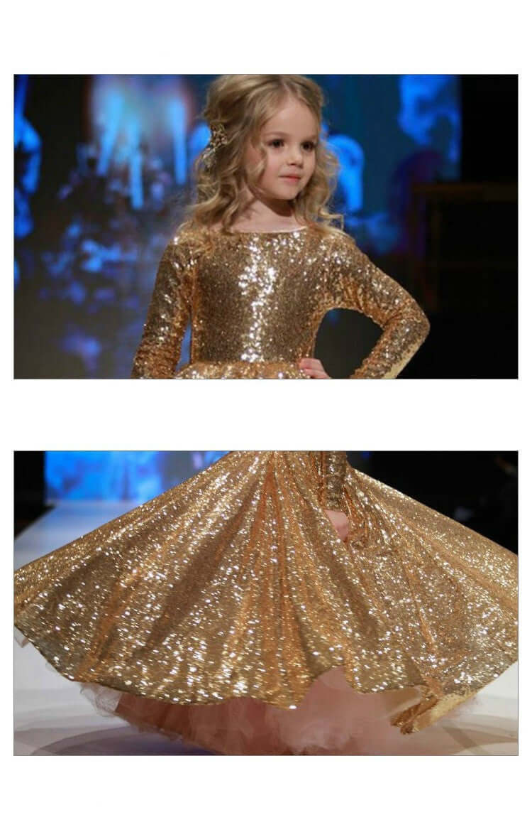 Girls' Little Princess Dress With Gold Sequins And Fluffy Yarn girls dress Luxurious Weddings