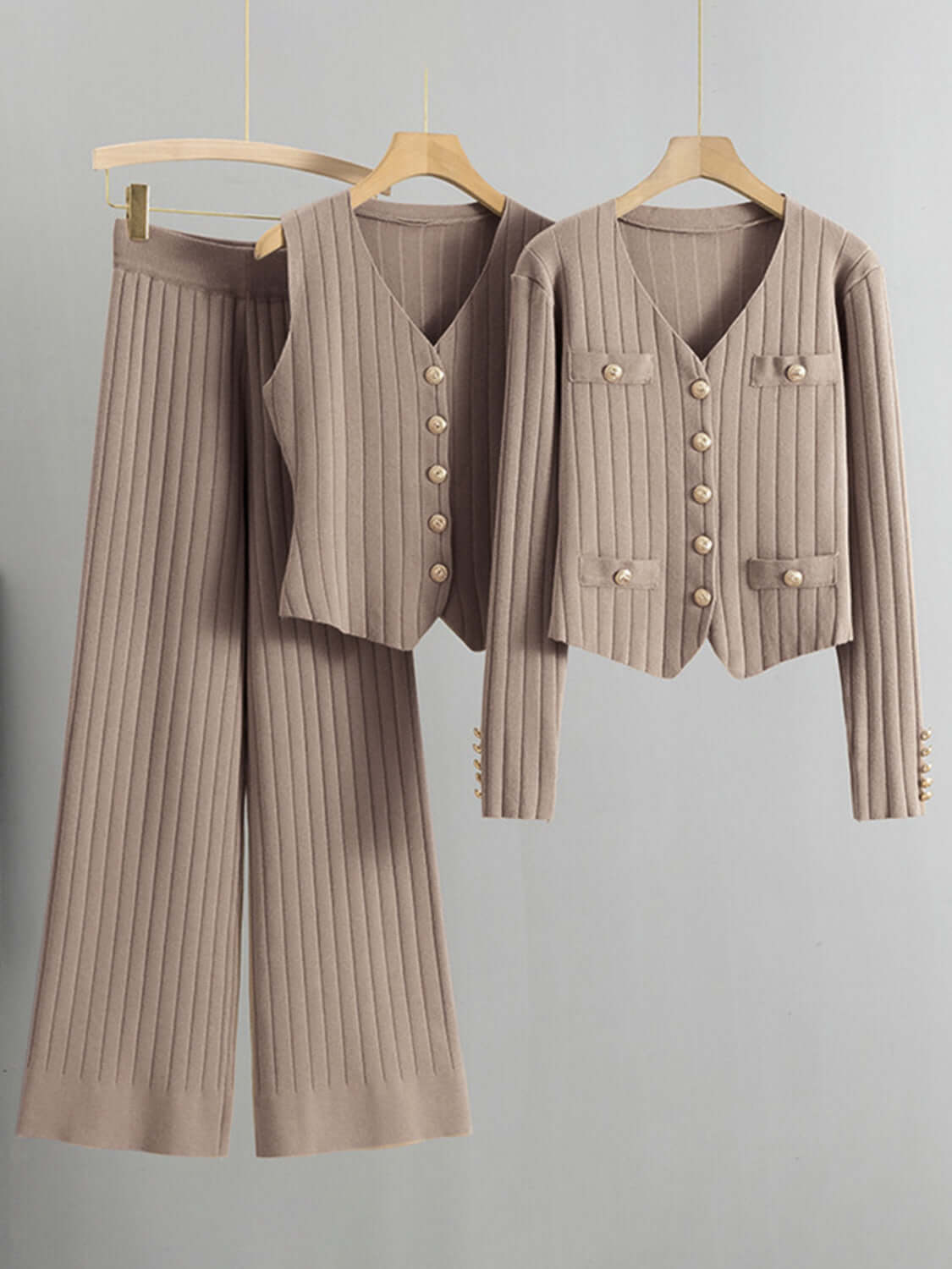 V-Neck Tank, Cardigan and Pants Three-Piece Sweater Set Matching Sets Luxurious Weddings