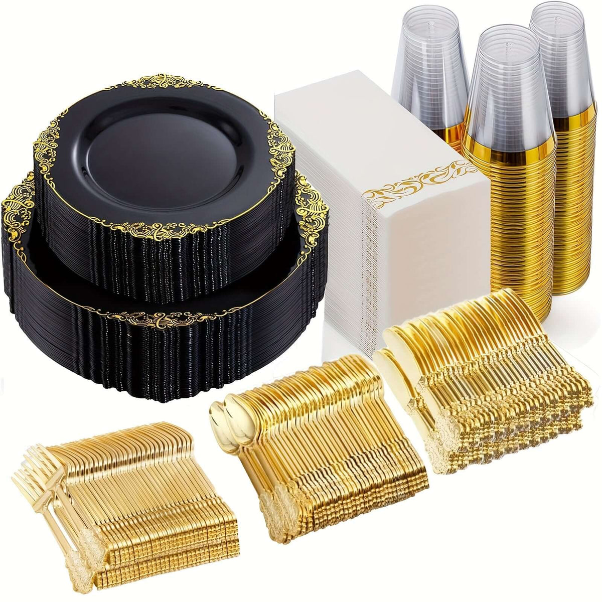175pcs Black & Gold Tableware Set for 25 Guests Tableware Luxurious Weddings