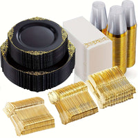 175pcs Black & Gold Tableware Set for 25 Guests Tableware Luxurious Weddings
