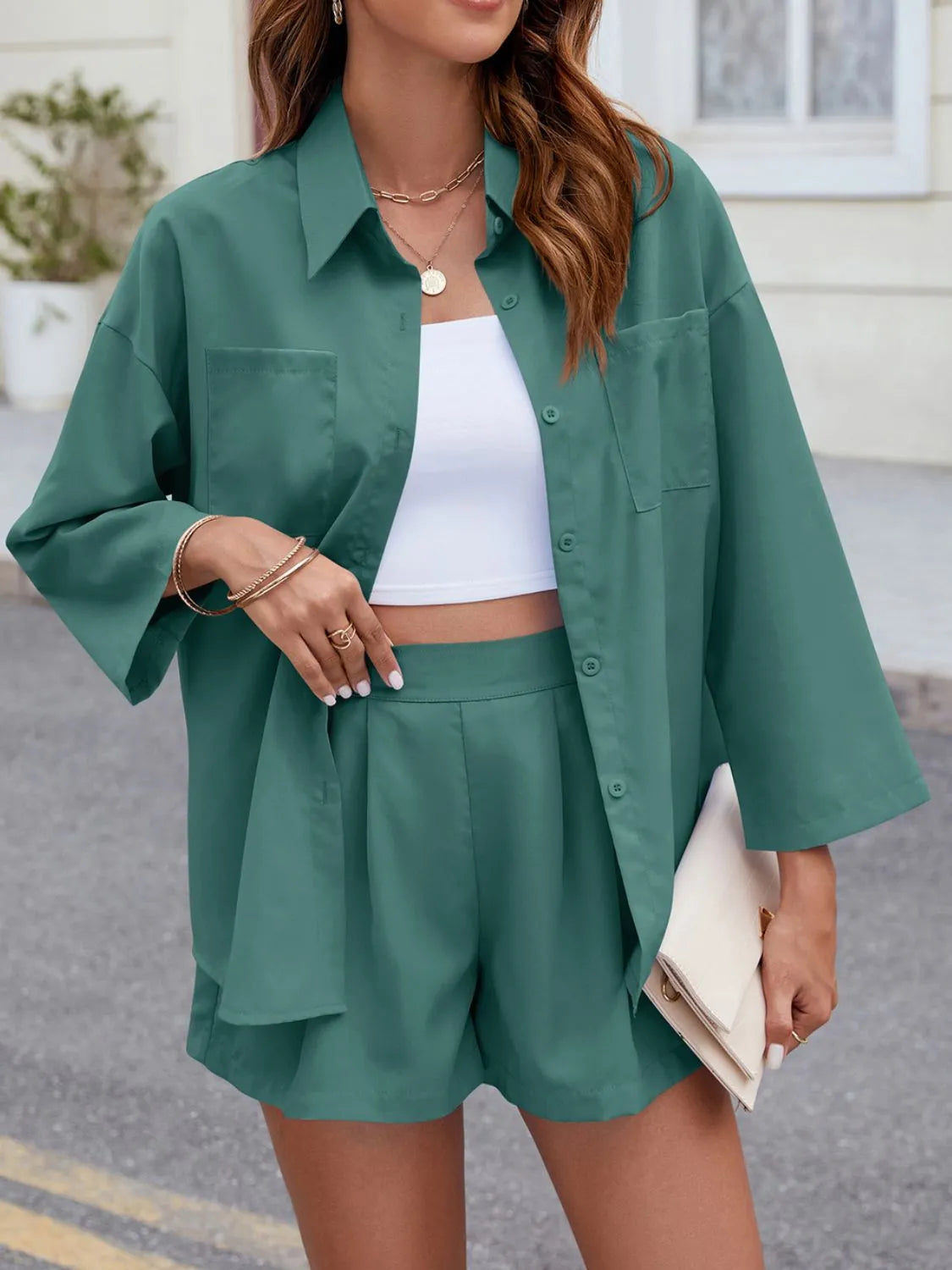 Button Up Long Sleeve Top and Shorts Set Matching Sets Luxurious Weddings