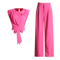 Sleeveless bow top+high waisted straight leg pants set Women's Sets Luxurious Weddings