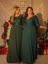 Sexy V Neck A-Line Plus Size Sequin Evening Dress with Sleeve Plus Size Luxurious Weddings