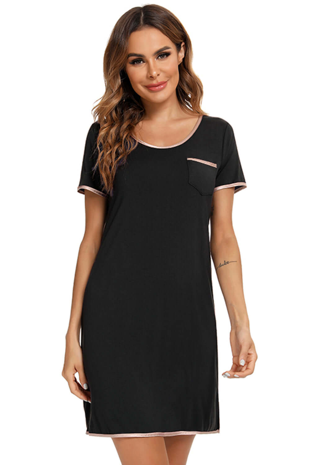 Contrast Trim Pocketed Round Neck Lounge Dress sleepwear Luxurious Weddings