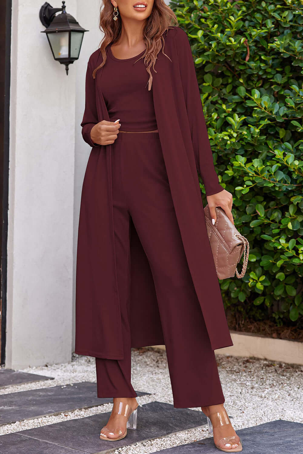 Drawstring Tank, Long Sleeve Cover Up and Pants Set Matching Sets Luxurious Weddings