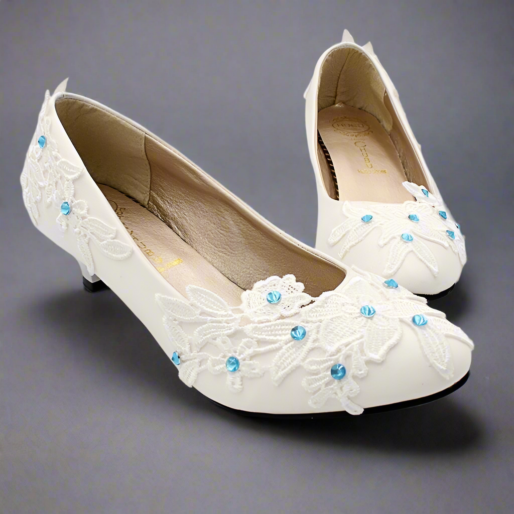 Blue Crystal Lace Flower Wedding Pump Shoes Bridal Shoes Luxurious Weddings