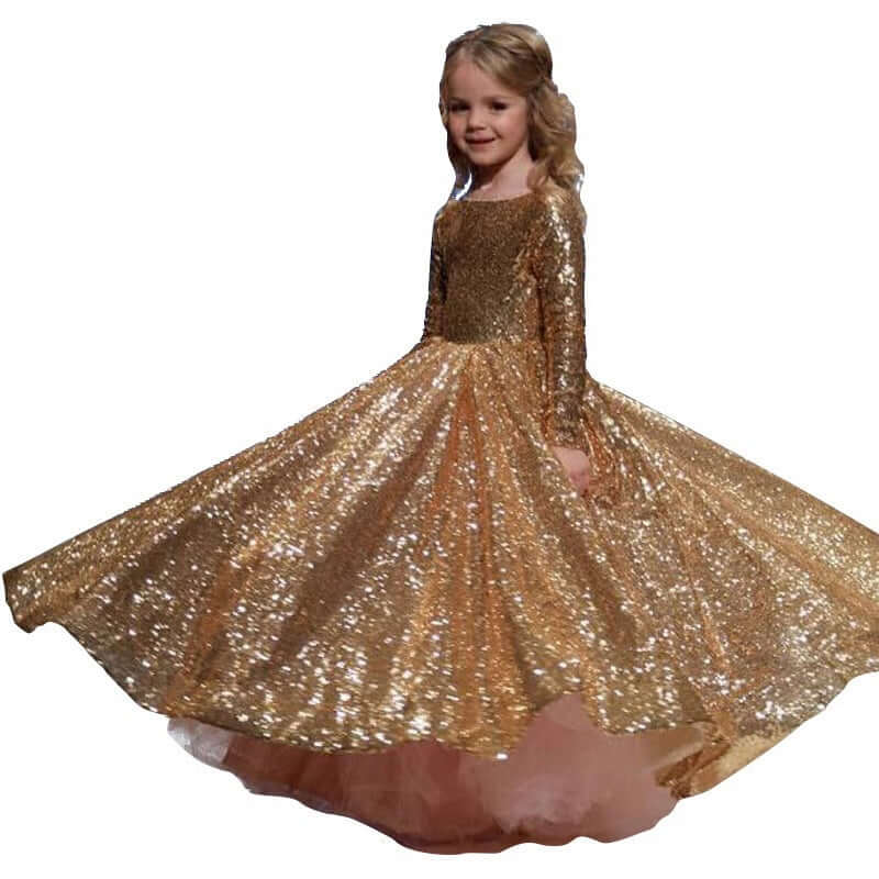 Girls' Little Princess Dress With Gold Sequins And Fluffy Yarn girls dress Luxurious Weddings