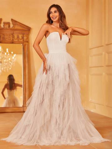 Off Shoulder Ruffle Trim Mesh Overlay Wedding Dress Wedding Dresses Luxurious Weddings