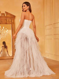 Off Shoulder Ruffle Trim Mesh Overlay Wedding Dress Wedding Dresses Luxurious Weddings