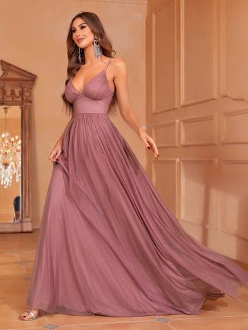 Solid Plunging Neck Sleeveless Cami Dress Bridesmaid Dresses Luxurious Weddings