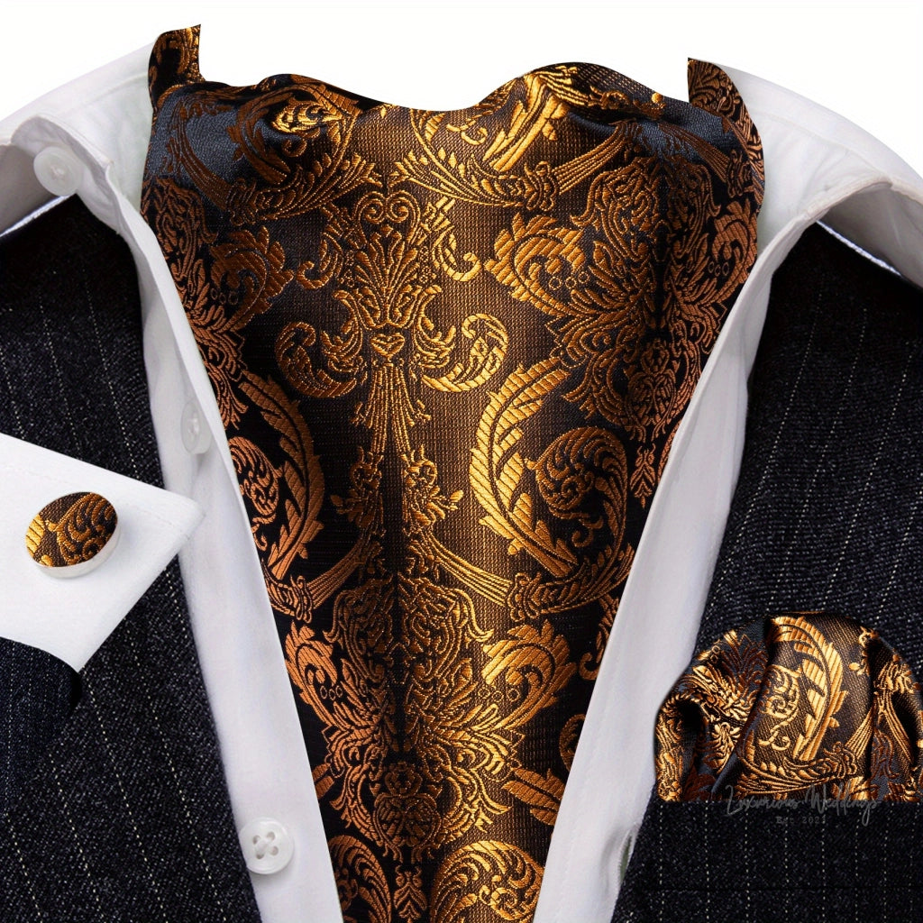 Silver Paisley Ascot Tie - Elegant Gatsby Wedding Accessory Tie Set Luxurious Weddings
