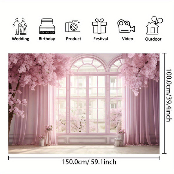 a window with pink curtains and flowers in front of it