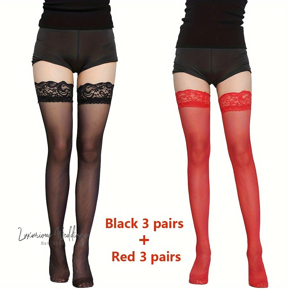 6 Pairs Lace Trim Thigh High Stockings, Thigh-High Stockings Luxurious Weddings