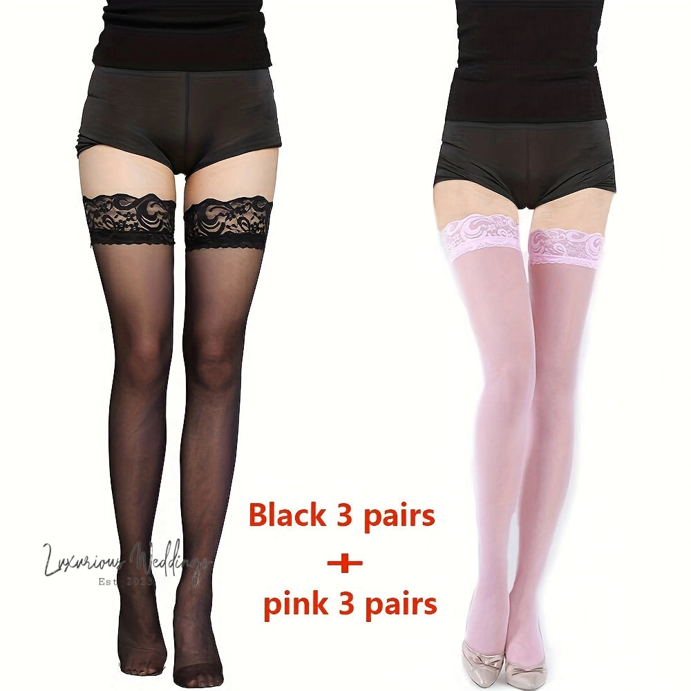 6 Pairs Lace Trim Thigh High Stockings, Thigh-High Stockings Luxurious Weddings