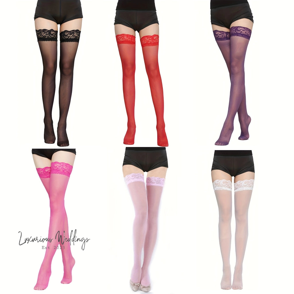 6 Pairs Lace Trim Thigh High Stockings, Thigh-High Stockings Luxurious Weddings