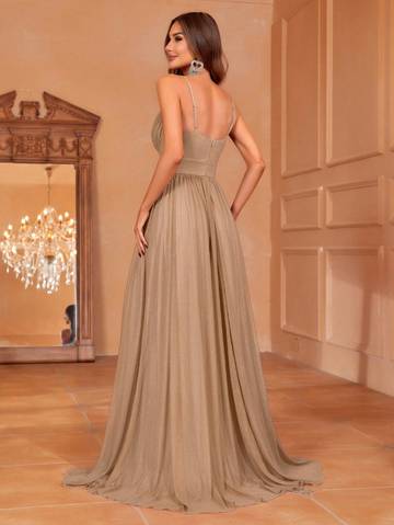 Solid Plunging Neck Sleeveless Cami Dress Bridesmaid Dresses Luxurious Weddings