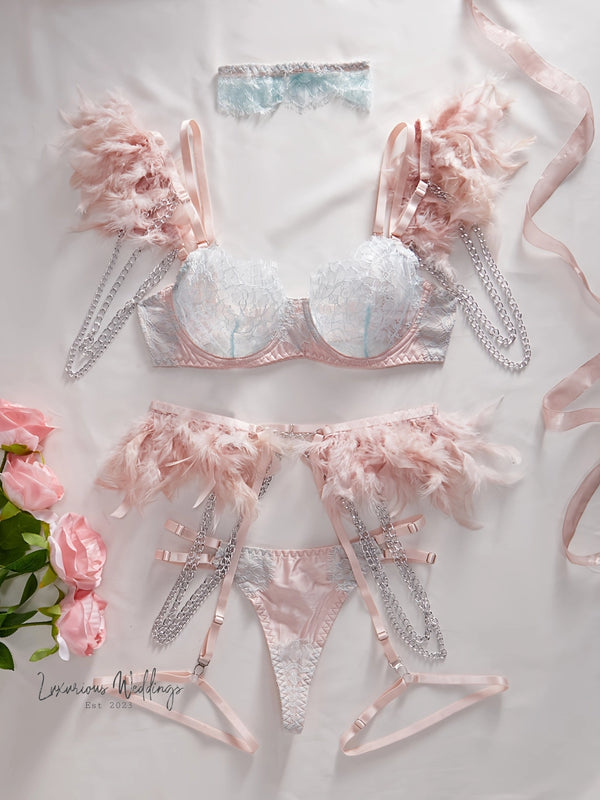 three lingerie bras and a bouquet of flowers