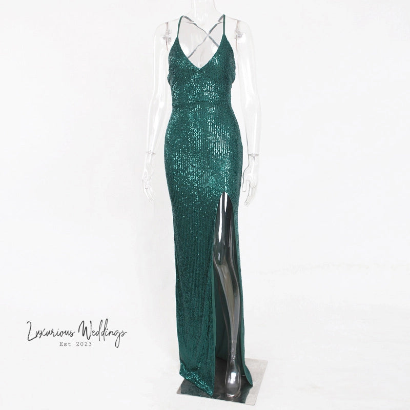Sexy Sequin V-Neck Maxi Prom Dress Maxi Dress Luxurious Weddings