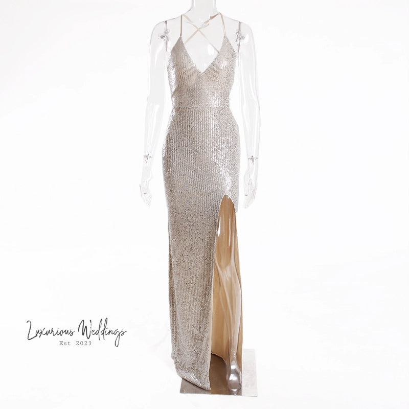 Sexy Sequin V-Neck Maxi Prom Dress Maxi Dress Luxurious Weddings