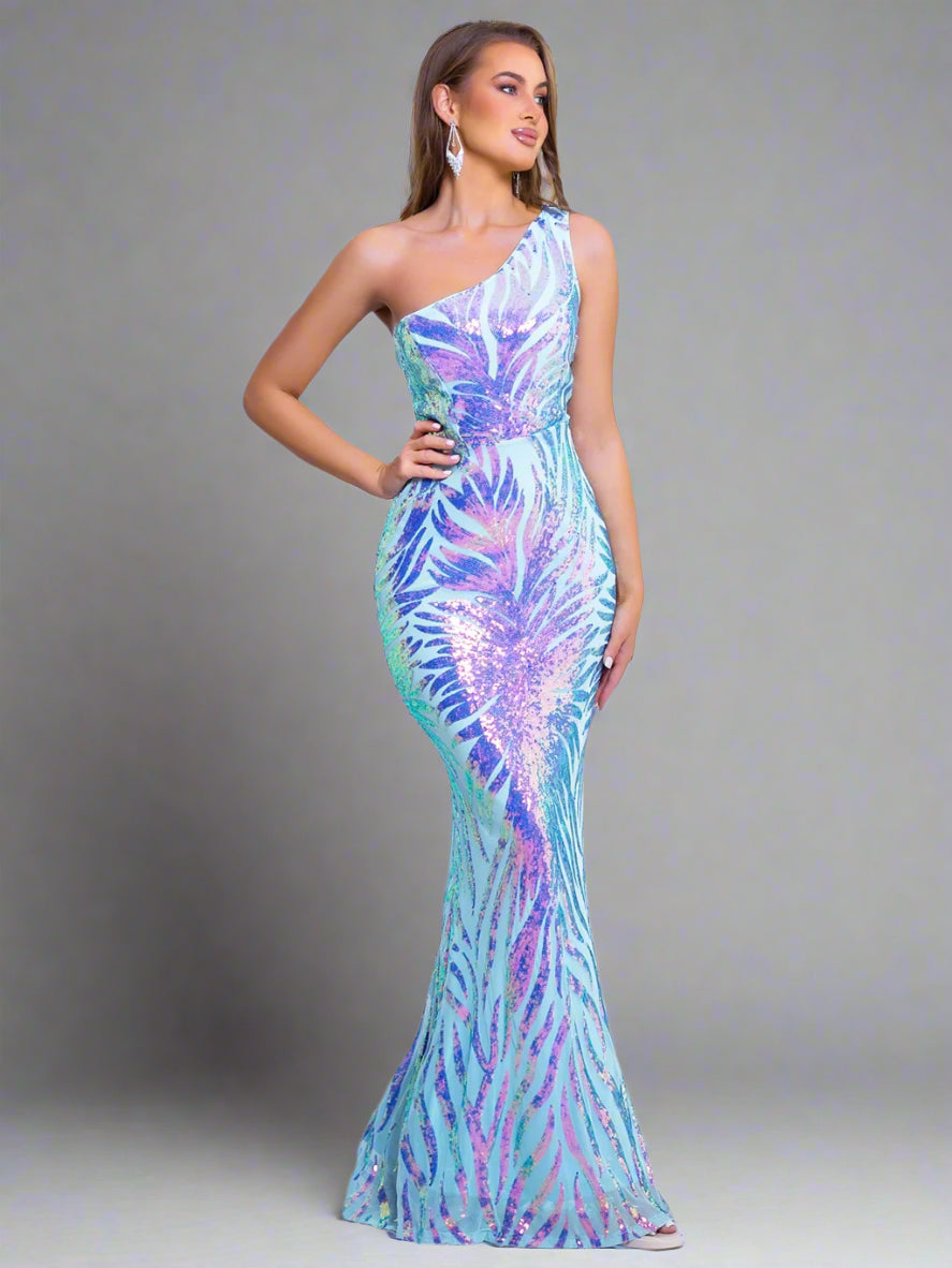 Blue Green One Shoulder Sequin Party Dress Sequin Dress Luxurious Weddings