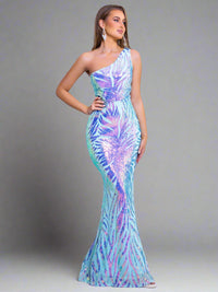 Blue Green One Shoulder Sequin Party Dress Sequin Dress Luxurious Weddings