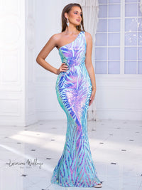 Blue Green One Shoulder Sequin Party Dress Sequin Dress Luxurious Weddings