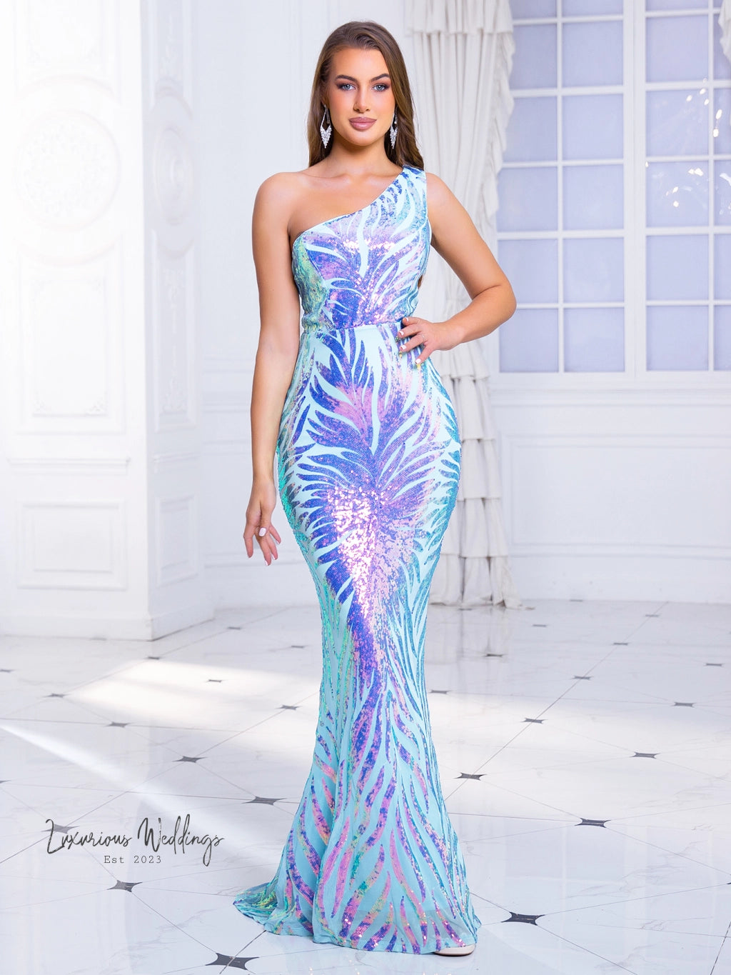 Blue Green One Shoulder Sequin Party Dress Sequin Dress Luxurious Weddings