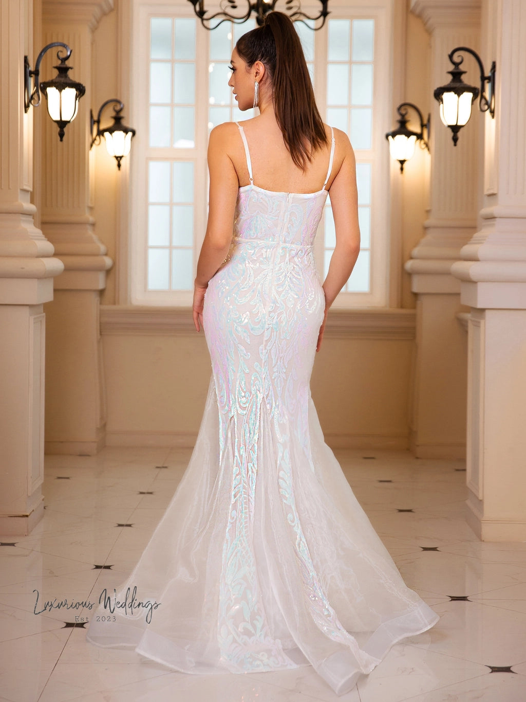 White Sequined Mermaid Wedding Party Dress sequined mermaid dress Luxurious Weddings