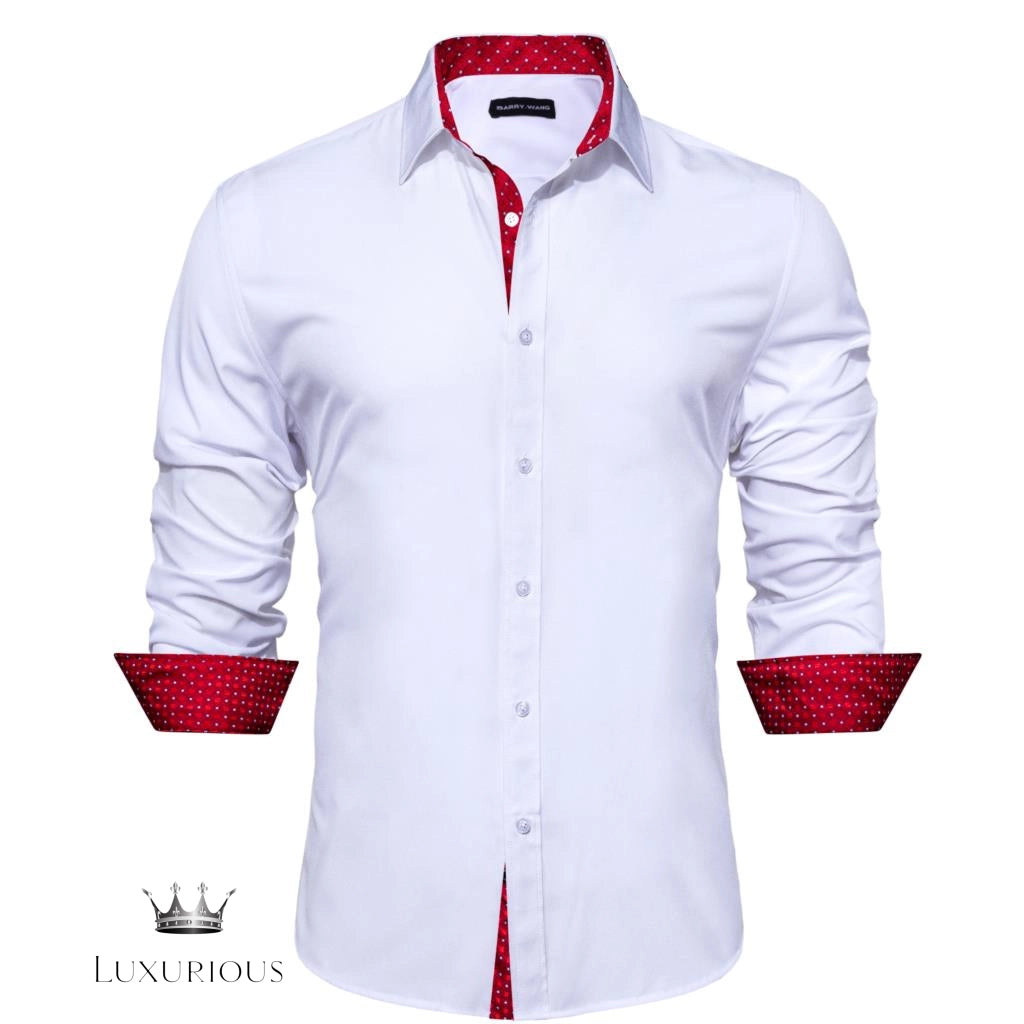 Luxury Silk Long Sleeve Men's Shirt - Slim Fit White with Red Patch Silk Sleeve Shirt Luxurious Weddings