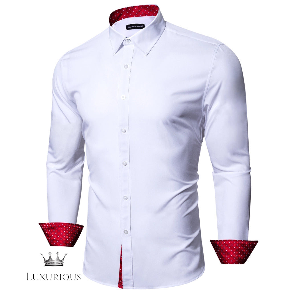 Luxury Silk Long Sleeve Men's Shirt - Slim Fit White with Red Patch Silk Sleeve Shirt Luxurious Weddings