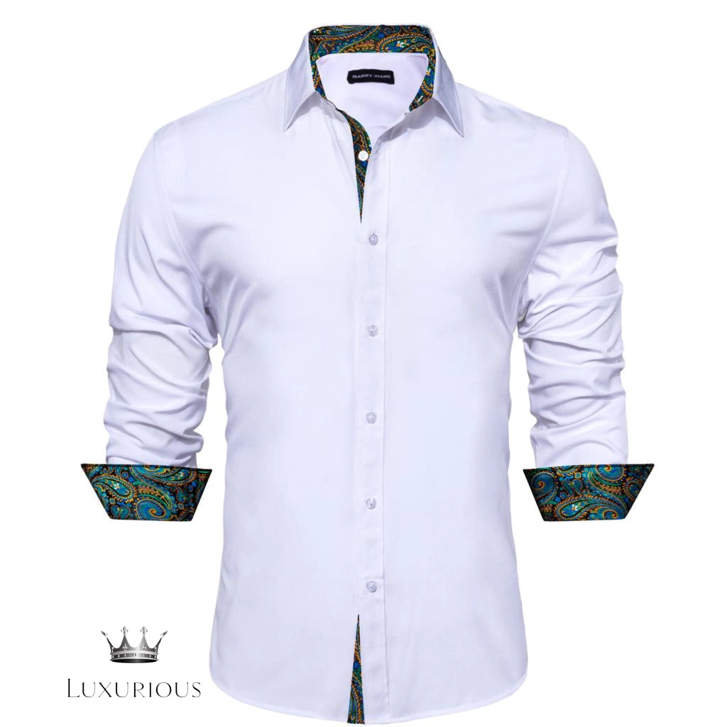 Luxury Silk Long Sleeve Men's Shirt - Slim Fit White with Red Patch Silk Sleeve Shirt Luxurious Weddings