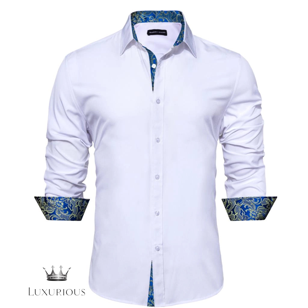 Luxury Silk Long Sleeve Men's Shirt - Slim Fit White with Red Patch Silk Sleeve Shirt Luxurious Weddings