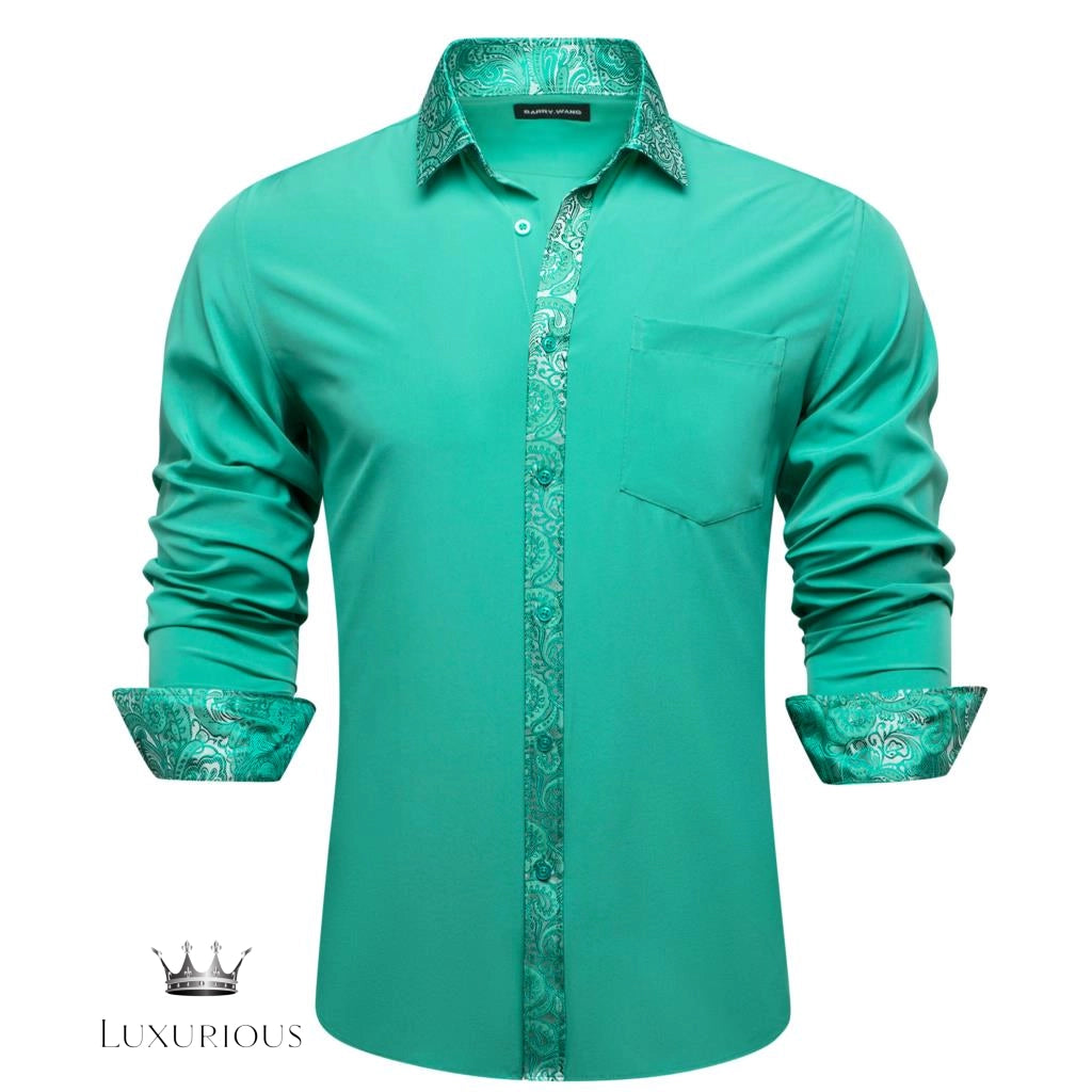 Luxury Silk Long Sleeve Men's Shirt - Slim Fit White with Red Patch Silk Sleeve Shirt Luxurious Weddings