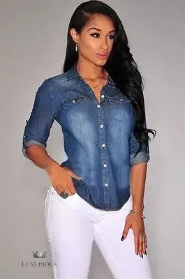 Denim Long Sleeve Shirt Tops - Blue Jean Blouse Women's shirt Luxurious Weddings